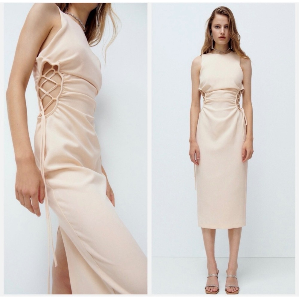 ZARA Women Beige Lace Up Side Cutout Midi Dress Size S NWT‎ Blogger Fav!
